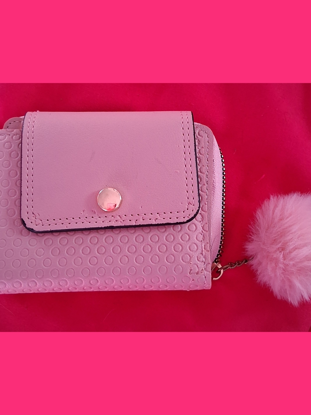 Pink Mini Wallet with Pom Pom Charm
